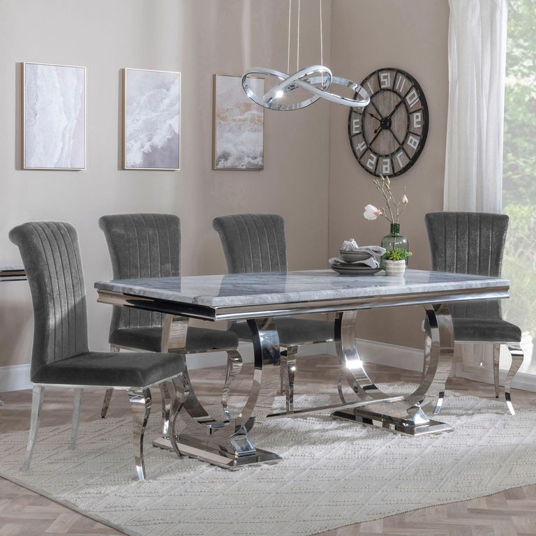 Glacier Grey Marble and Chrome Dining Set - Louis Grey Velvet Fabric Dining Chair