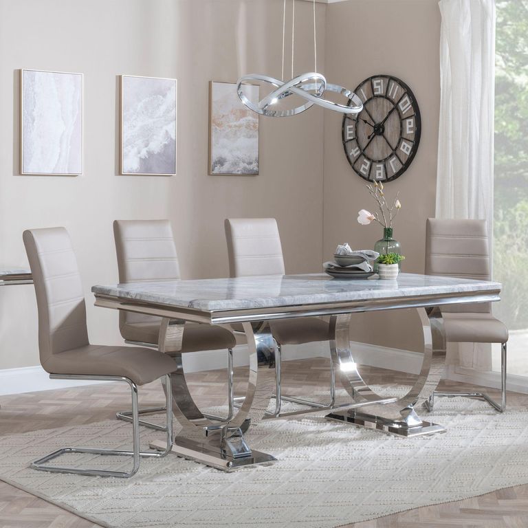 Glacier Grey Marble and Chrome Dining Set - Roma Beige Faux Leather Dining Chair