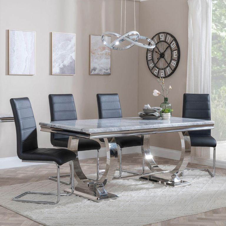 Glacier Grey Marble and Chrome Dining Set - Roma Black Faux Leather Dining Chair