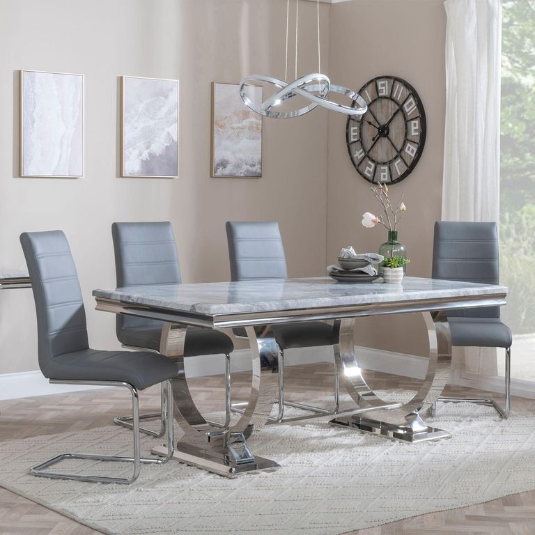 Glacier Grey Marble and Chrome Dining Set - Roma Grey Faux Leather Dining Chair
