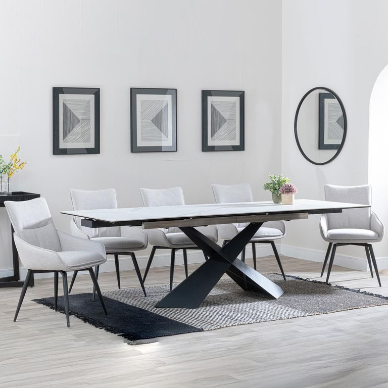 Hayden White Ceramic Extending Dining Set - Ace Beige Fabric Swivel Dining Chair