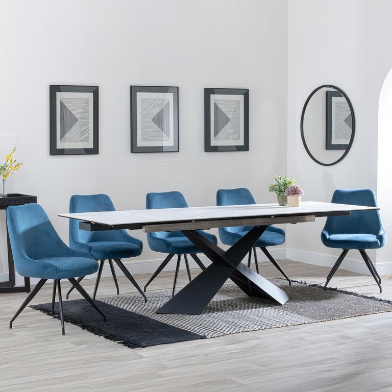 Hayden White Ceramic Extending Dining Set - Arctic Blue Velvet Fabric Swivel Dining Chair