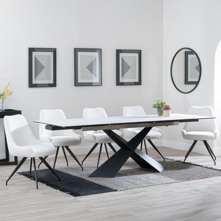 Hayden White Ceramic Extending Dining Set - Arctic Cream Velvet Fabric Swivel Dining Chair