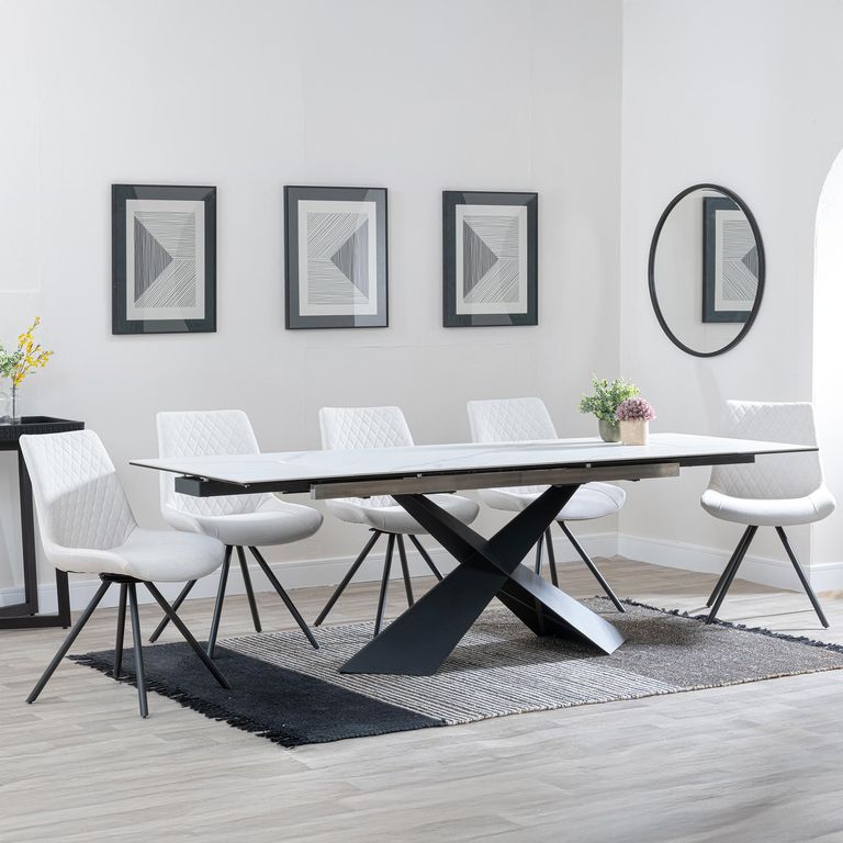 Hayden White Ceramic Extending Dining Set - Boden Cream Fabric Swivel Dining Chair