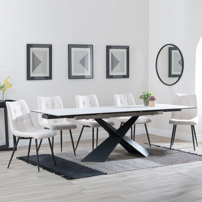 Hayden White Ceramic Extending Dining Set - Corona Beige Fabric Dining Chair