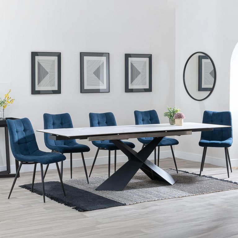 Hayden White Ceramic Extending Dining Set - Corona Blue Fabric Dining Chair