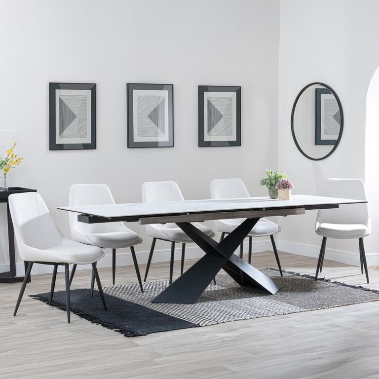 Hayden White Ceramic Extending Dining Set - Darwin Cream Fabric Dining Chair