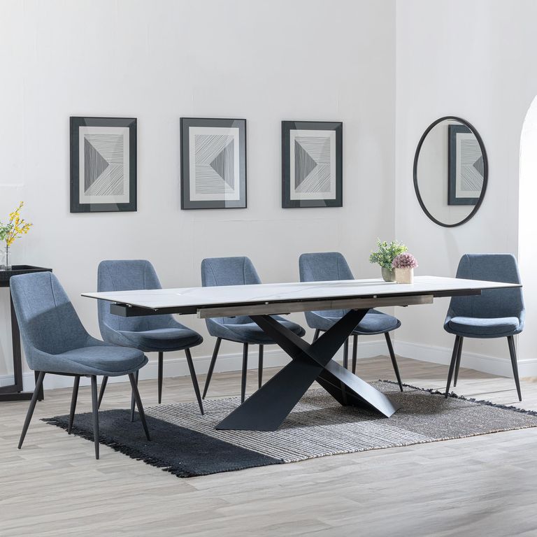 Hayden White Ceramic Extending Dining Set - Darwin Dark Grey Fabric Dining Chair