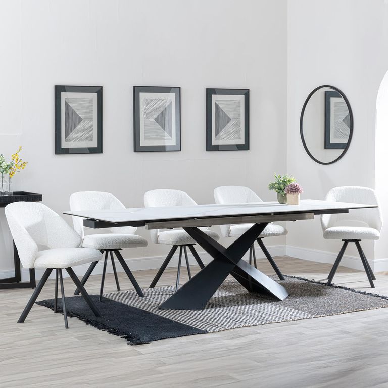 Hayden White Ceramic Extending Dining Set - Ion Cream Boucle Teddy Fabric Swivel Dining Chair