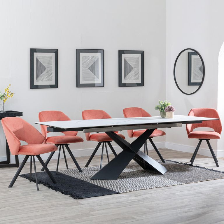 Hayden White Ceramic Extending Dining Set - Ion Orange Velvet Fabric Swivel Dining Chair