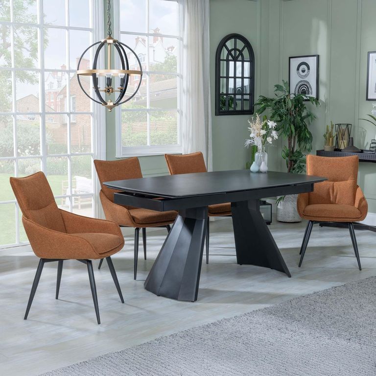 Kinston Black Ceramic Extending Dining Set - Ace Orange Fabric Swivel Dining Chair