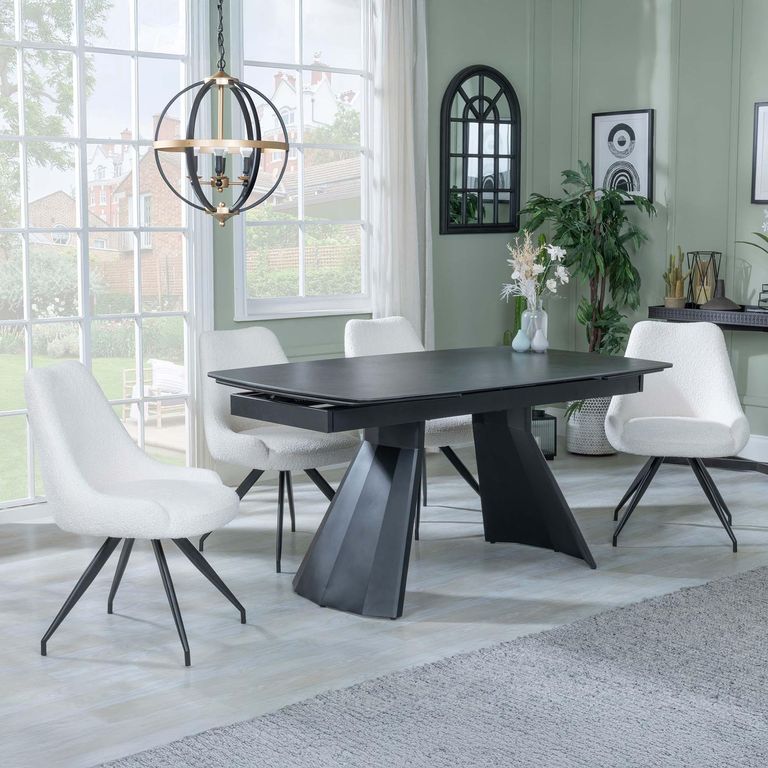Kinston Black Ceramic Extending Dining Set - Arctic Cream Velvet Fabric Swivel Dining Chair