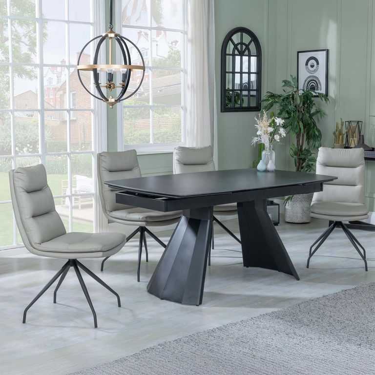 Kinston Black Ceramic Extending Dining Set - Diego Beige Leather Swivel Dining Chair