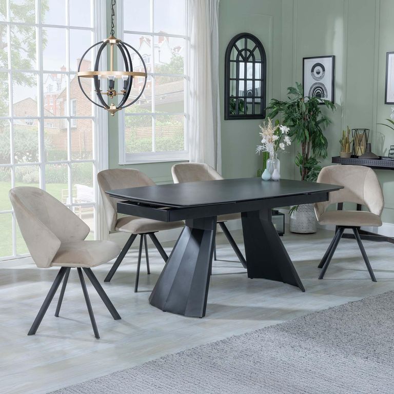 Kinston Black Ceramic Extending Dining Set - Ion Beige Velvet Fabric Swivel Dining Chair