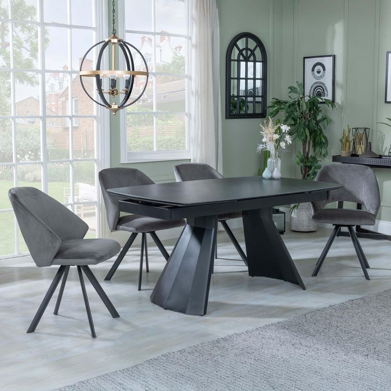 Kinston Black Ceramic Extending Dining Set - Ion Dark Grey Velvet Fabric Swivel Dining Chair