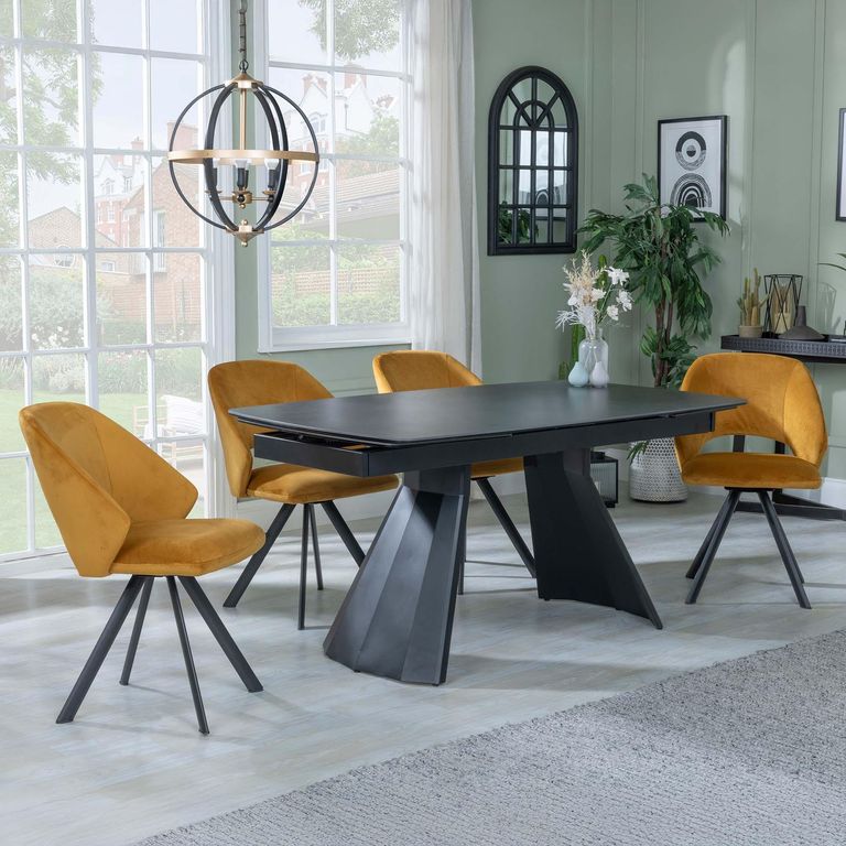 Kinston Black Ceramic Extending Dining Set - Ion Mustard Velvet Fabric Swivel Dining Chair