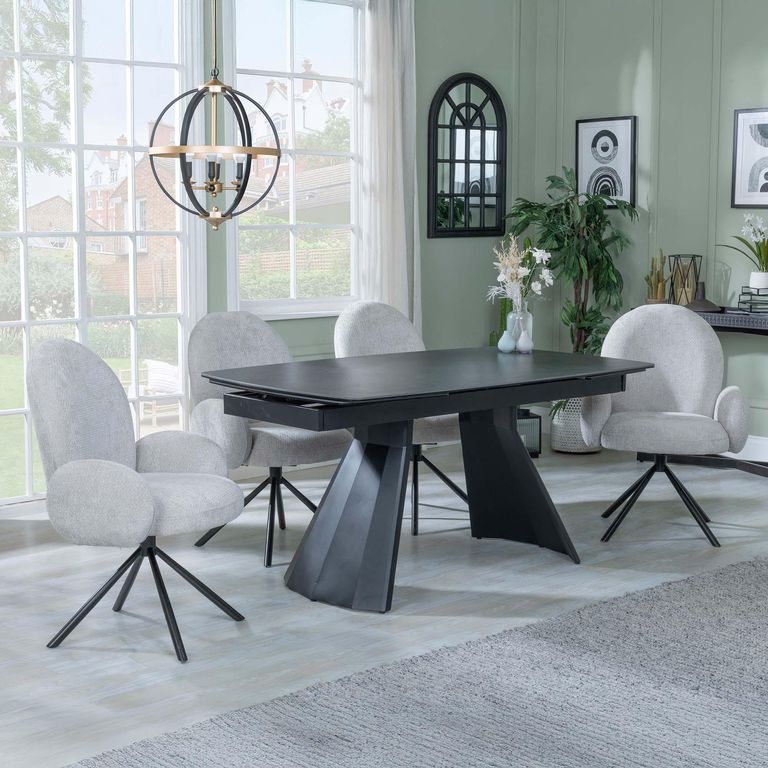 Kinston Black Ceramic Extending Dining Set - Theo Grey Fabric Swivel Dining Chair