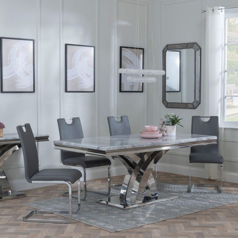 Lisbon Grey Marble and Chrome Dining Set - Bianco Grey Faux Leather Dining Chair