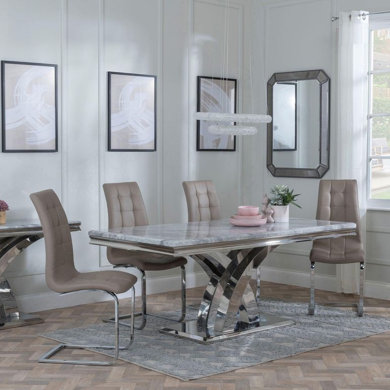 Lisbon Grey Marble and Chrome Dining Set - Jamison Beige Faux Leather Dining Chair