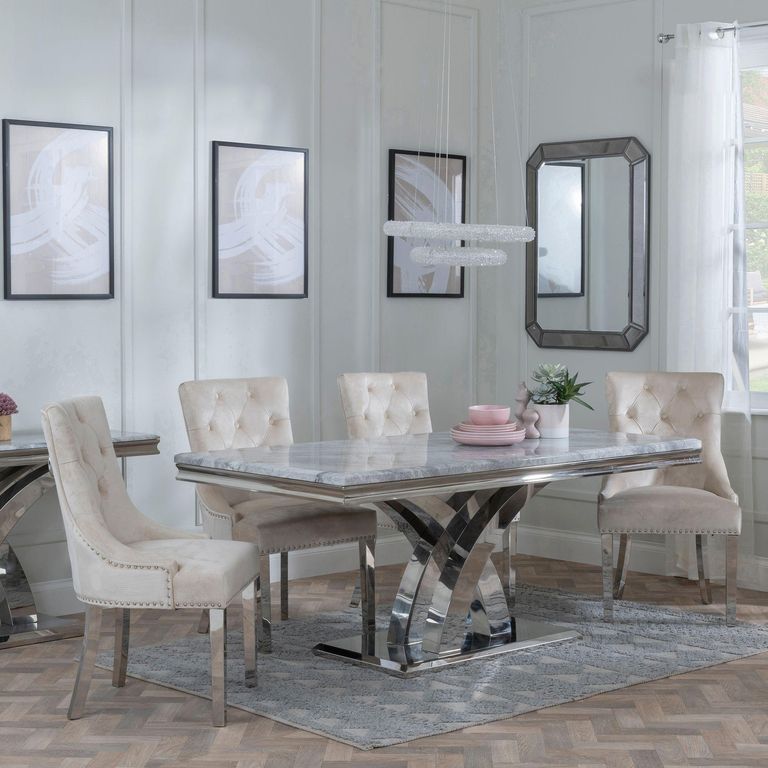 Lisbon Grey Marble and Chrome Dining Set - Knocker Back Champagne Velvet Fabric Dining Chair with Chrome Legs