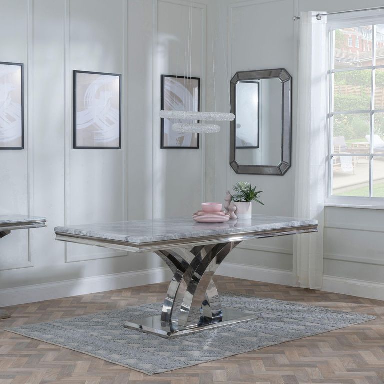 Lisbon Grey Marble and Chrome Dining Set - Lion Knocker Back Blue Velvet Fabric Dining Chair with Chrome Legs