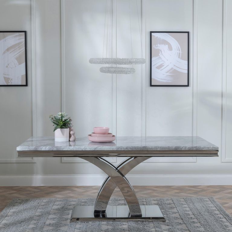 Lisbon Grey Marble and Chrome Dining Set - Lion Knocker Back Grey Velvet Fabric Dining Chair with Chrome Legs