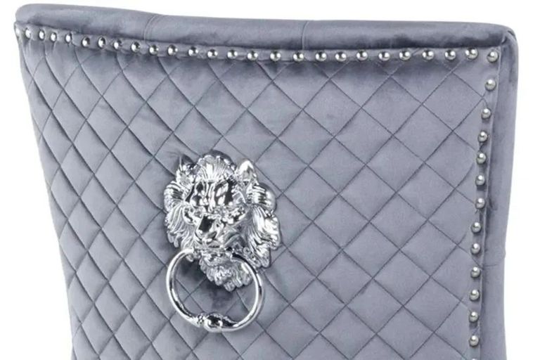 Lisbon Grey Marble and Chrome Dining Set - Lion Knocker Back Grey Velvet Fabric Dining Chair with Chrome Legs