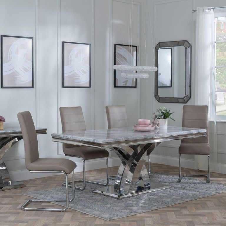 Lisbon Grey Marble and Chrome Dining Set - Roma Beige Faux Leather Dining Chair