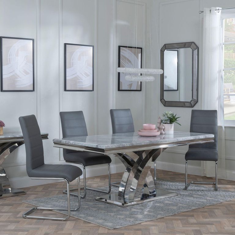 Lisbon Grey Marble and Chrome Dining Set - Roma Grey Faux Leather Dining Chair
