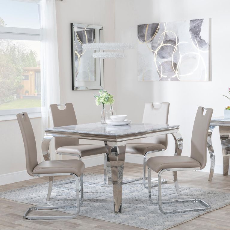 Louis 4 Seater Grey Marble and Chrome Square Dining Set - 4 Bianco Beige Faux Leather Dining Chair