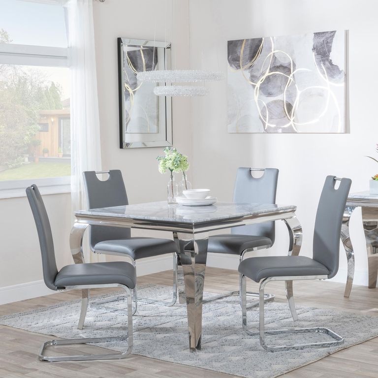 Louis 4 Seater Grey Marble and Chrome Square Dining Set - 4 Bianco Grey Faux Leather Dining Chair