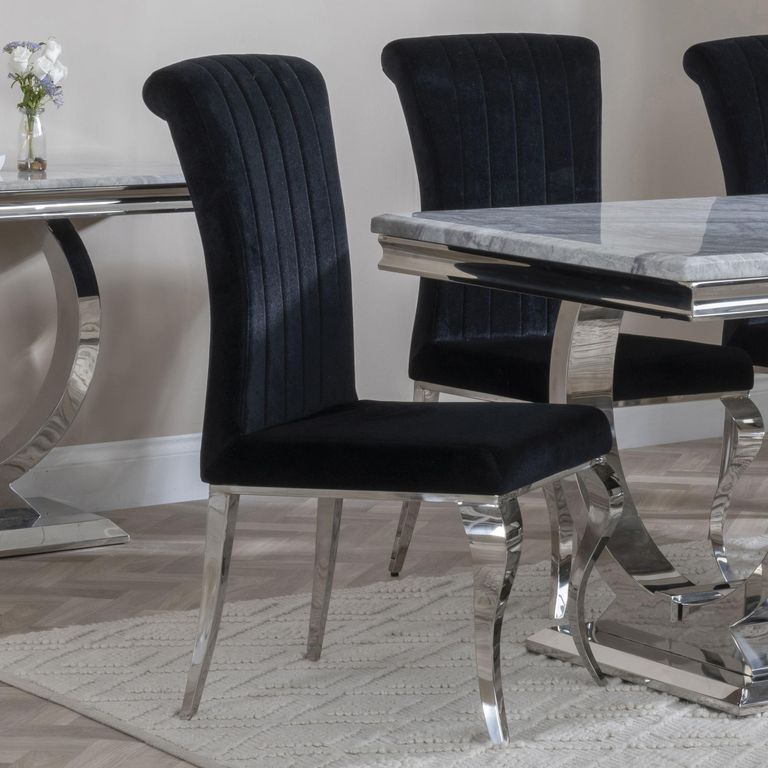 Louis 4 Seater Grey Marble and Chrome Square Dining Set - 4 Black Velvet Fabric Dining Chair