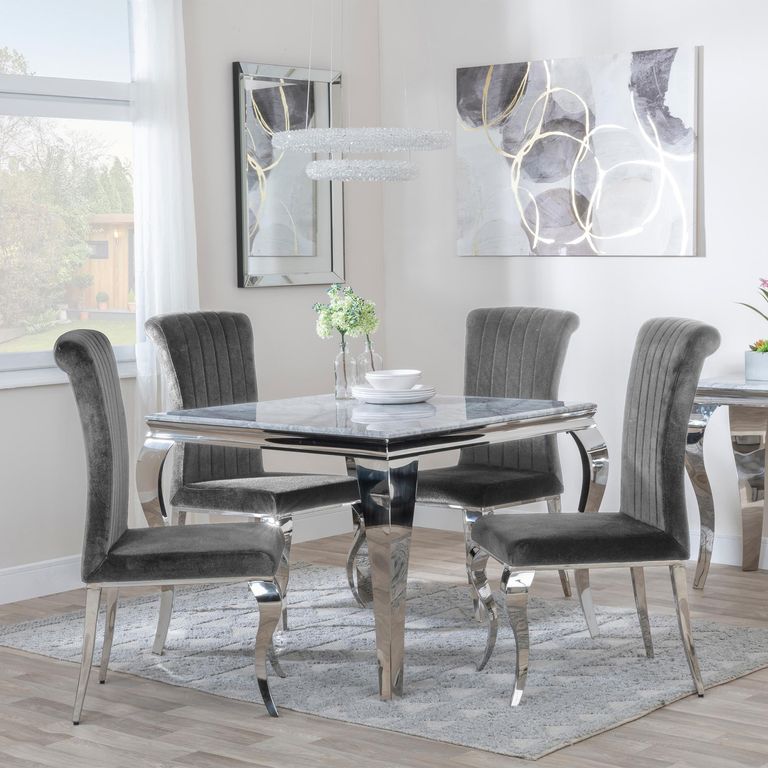Louis 4 Seater Grey Marble and Chrome Square Dining Set - 4 Grey Velvet Fabric Dining Chair