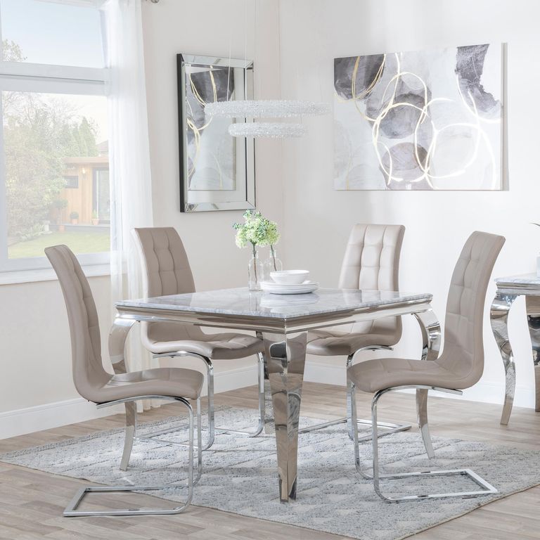 Louis 4 Seater Grey Marble and Chrome Square Dining Set - 4 Jamison Beige Faux Leather Dining Chair