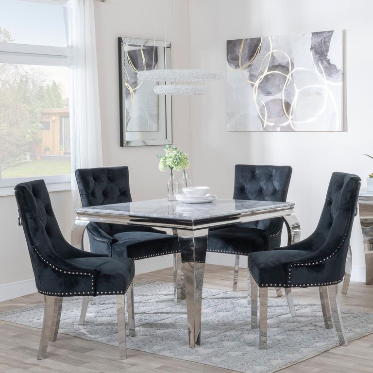 Louis 4 Seater Grey Marble and Chrome Square Dining Set - 4 Knocker Back Black Velvet Fabric Dining Chair with Chrome Legs