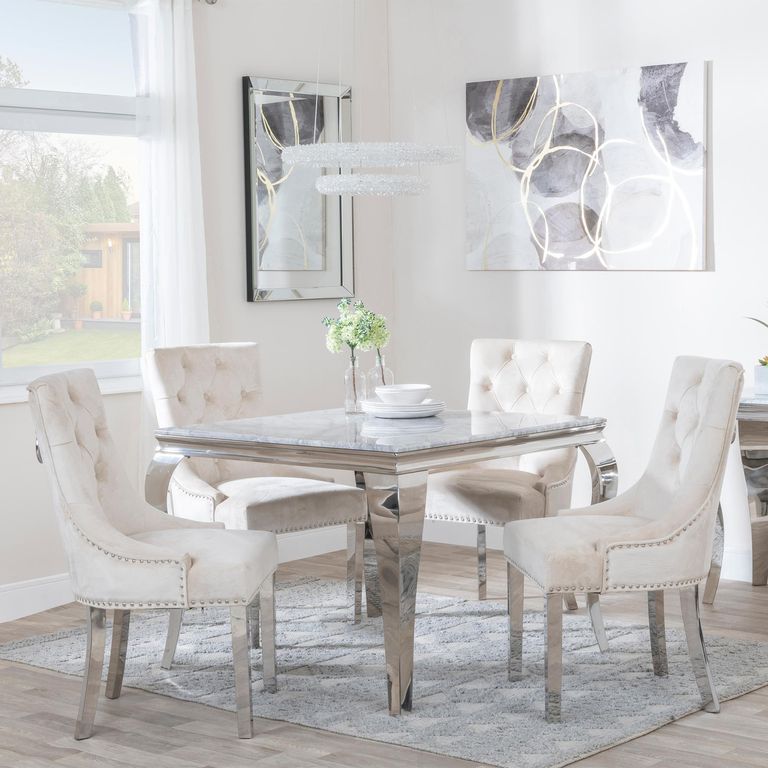 Louis 4 Seater Grey Marble and Chrome Square Dining Set - 4 Knocker Back Champagne Velvet Fabric Dining Chair with Chrome Legs