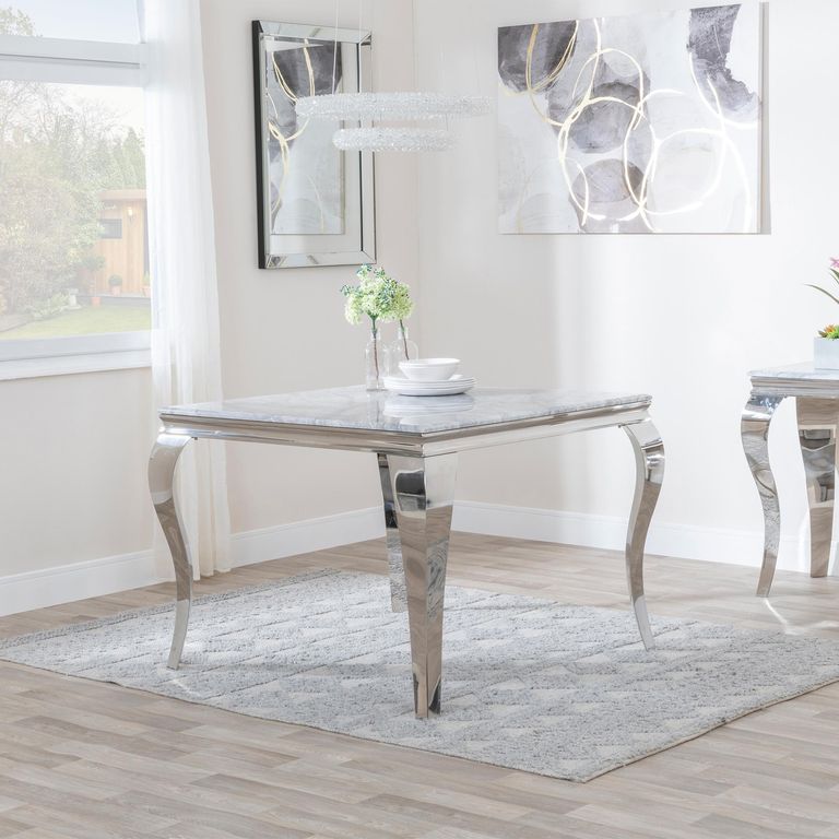 Louis 4 Seater Grey Marble and Chrome Square Dining Set - 4 Knocker Back Grey Velvet Fabric Dining Chair with Chrome Legs