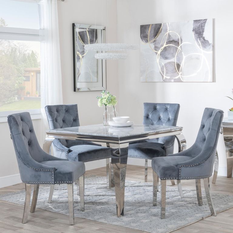 Louis 4 Seater Grey Marble and Chrome Square Dining Set - 4 Knocker Back Grey Velvet Fabric Dining Chair with Chrome Legs
