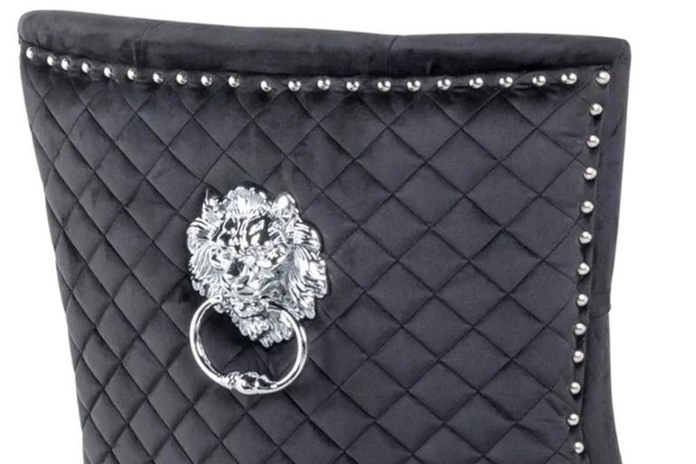 Louis 4 Seater Grey Marble and Chrome Square Dining Set - 4 Lion Knocker Back Black Velvet Fabric Dining Chair with Chrome Legs