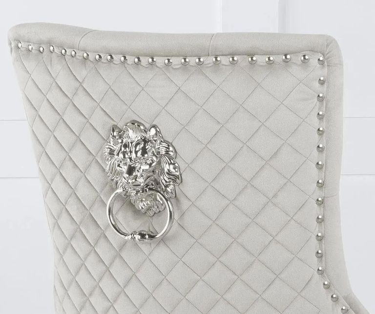 Louis 4 Seater Grey Marble and Chrome Square Dining Set - 4 Lion Knocker Back Champagne Velvet Fabric Dining Chair with Chrome Legs