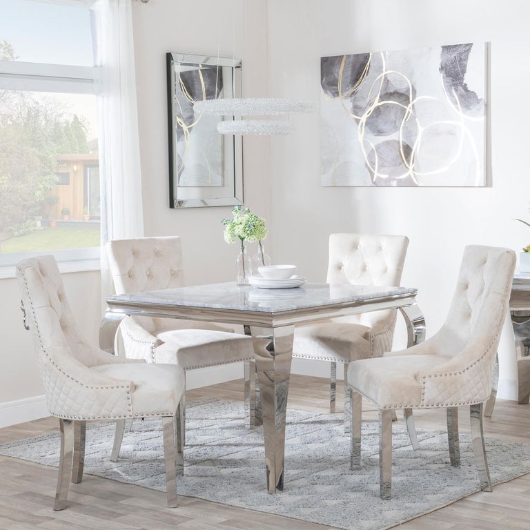 Louis 4 Seater Grey Marble and Chrome Square Dining Set - 4 Lion Knocker Back Champagne Velvet Fabric Dining Chair with Chrome Legs