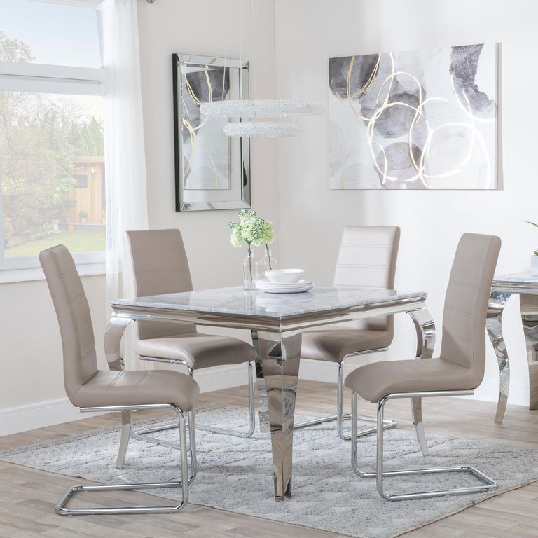 Louis 4 Seater Grey Marble and Chrome Square Dining Set - 4 Roma Beige Faux Leather Dining Chair