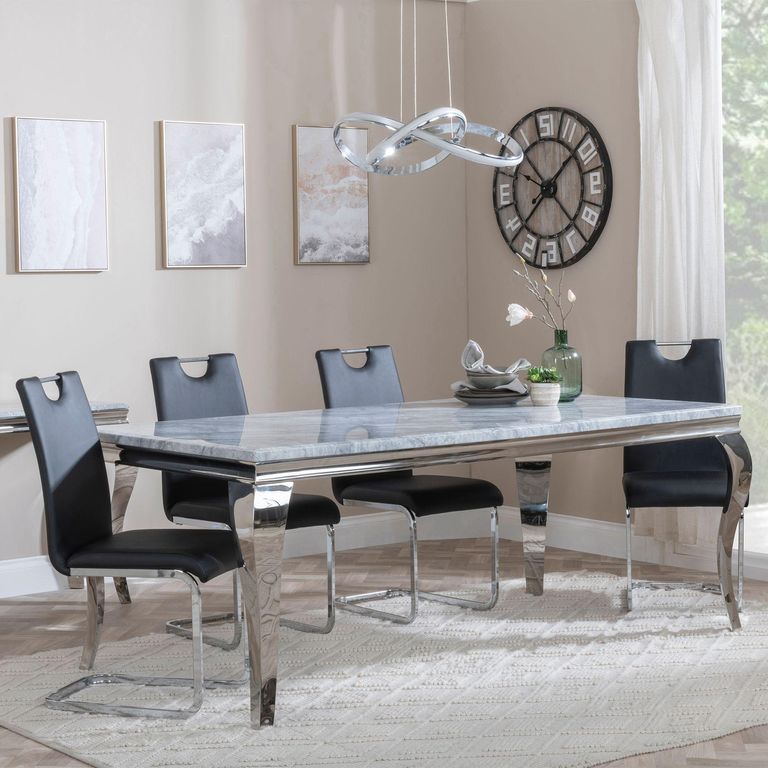 Louis Grey Marble and Chrome Dining Set - Bianco Black Faux Leather Dining Chair