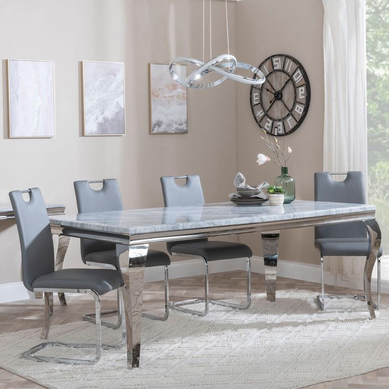 Louis Grey Marble and Chrome Dining Set - Bianco Grey Faux Leather Dining Chair