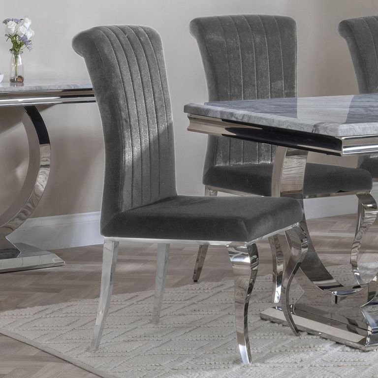Louis Grey Marble and Chrome Dining Set - Grey Velvet Fabric Dining Chair