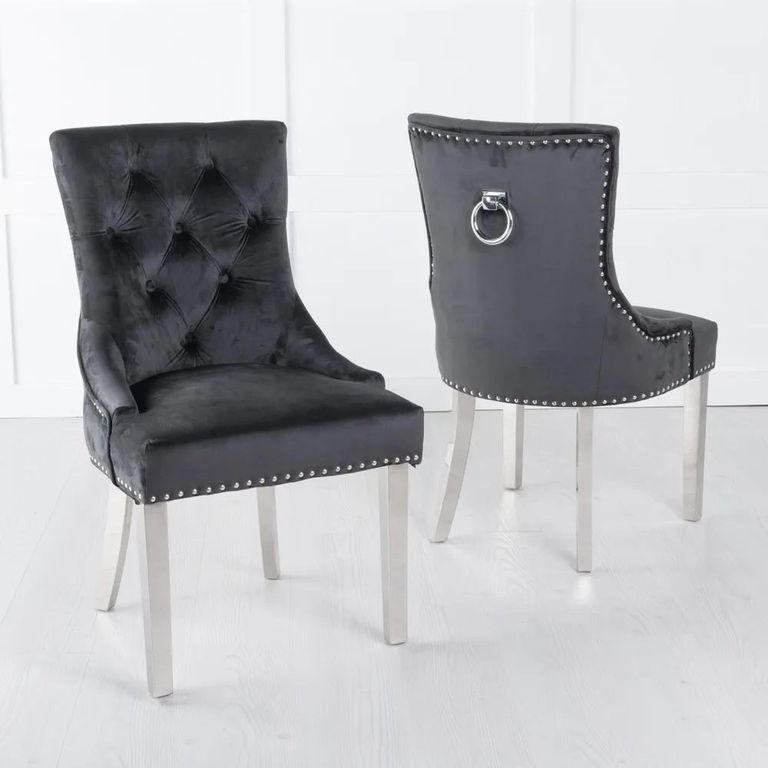Louis Grey Marble and Chrome Dining Set - Knocker Back Black Velvet Fabric Dining Chair with Chrome Legs