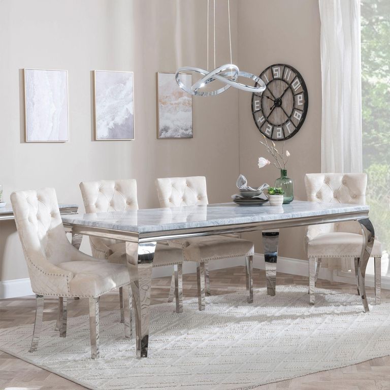 Louis Grey Marble and Chrome Dining Set - Lion Knocker Back Champagne Velvet Fabric Dining Chair with Chrome Legs