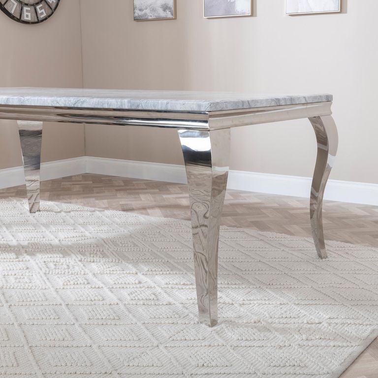 Louis Grey Marble and Chrome Dining Set - Lion Knocker Back Grey Velvet Fabric Dining Chair with Chrome Legs