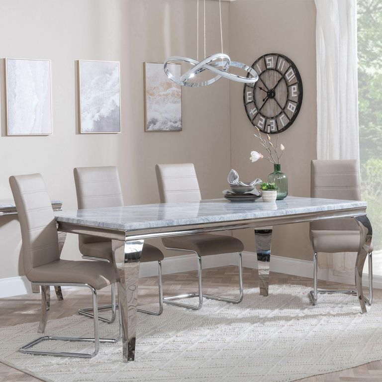 Louis Grey Marble and Chrome Dining Set - Roma Beige Faux Leather Dining Chair