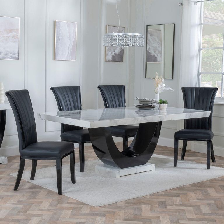 Madrid White Marble Dining Set - Cadiz Black Leather Dining Chair